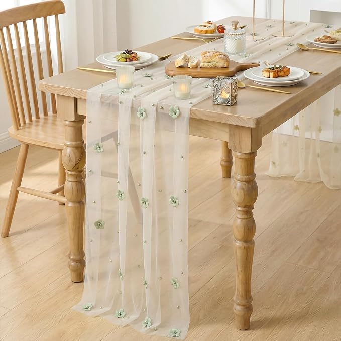 Artoid Mode Sage Green Flower Pearl White Gauze Table Runner 10FT, Seasonal - Image 3