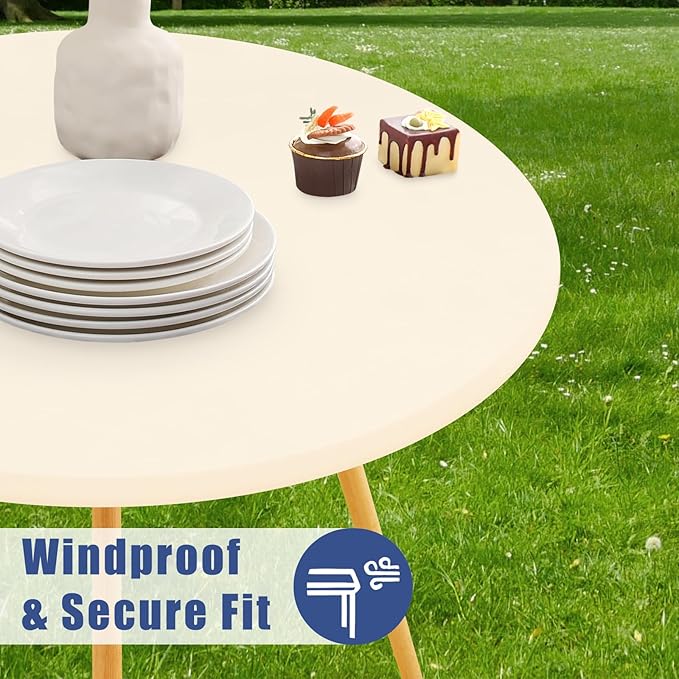 Round Spandex Tablecloth, Elastic Fitted Waterproof Tablecloths for 42"-50" Tables, Stretch Washable Picnic Table Cover for Camping, Dining, Indoor and Outdoor, Beige