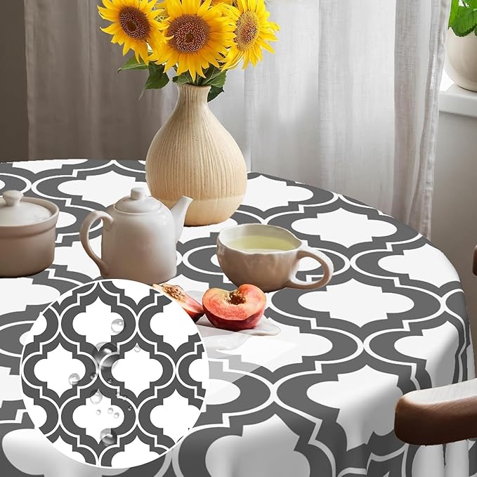 Laeacco 42 Inch Morocco Round Tablecloth Grey White Geometric Lattice Modern Abstract Art Print Table Cloth Washable Waterproof Wrinkle Free Table Cover for Kitchen Dining Picnic Party Decoration