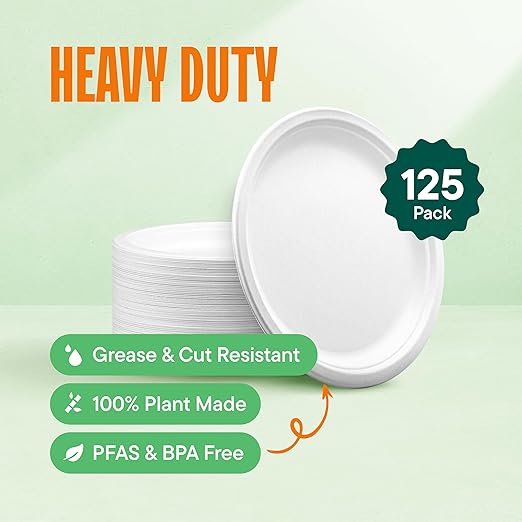 Stack Man 100% Compostable Paper Plates 9 Inch Heavy-Duty [125-Pack] Eco-Friendly White Bagasse Disposable Plates Made of Natural Sugarcane Fibers - 9" Biodegradable Plate (BPI-Certified) (PFAS-Free)