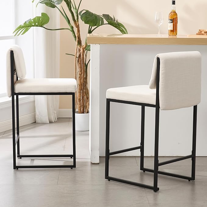 Modern Barstools Set of 2, 26” Upholstered Counter Height Bar Stools Linen Fabric Counter Stools with Padded Back Metal Frame for Kitchen Island Dining Room, Beige