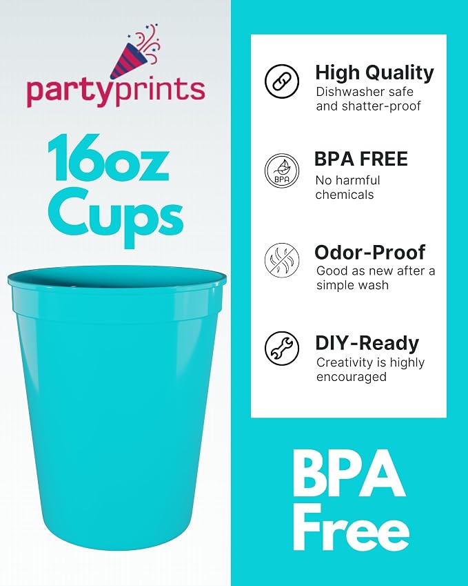 PartyPrints 10 Pack 16 oz Turquoise Reusable Blank Plastic Cups, Stadium Cups - Image 2