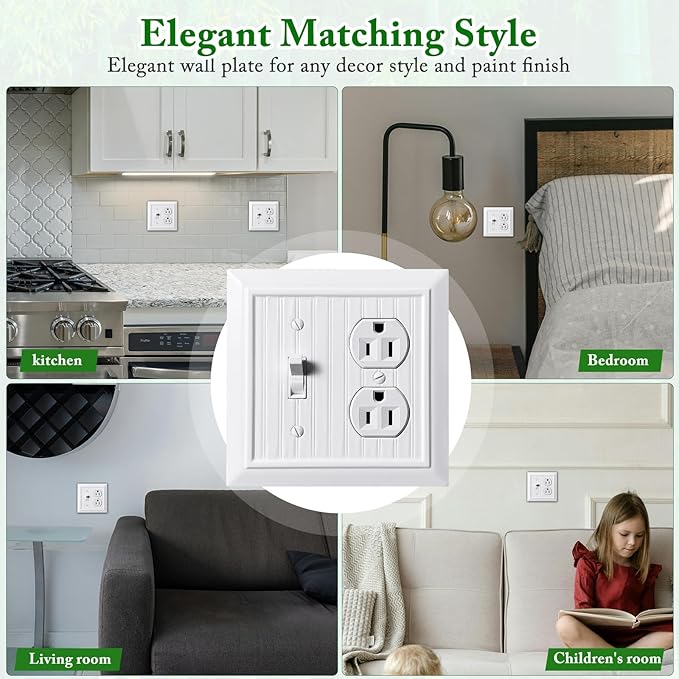 Beadboard Outlet Covers Wall Plates, Bamboo Fiber Light Switch Covers, Natural Material Electric Receptacle Decorative Switch Plate Outlet Cover (Pure White, 2 Gang Toggle/Duplex 2 Pack)