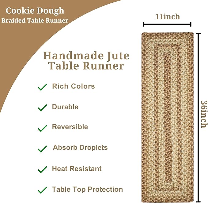 Homespice Cookie Dough Jute Braided Long Table Runner, Country Rustic Decor, Brown Rectangle 11x36 - Rich Colors, Easy to Clean, Durable and Protects Furniture