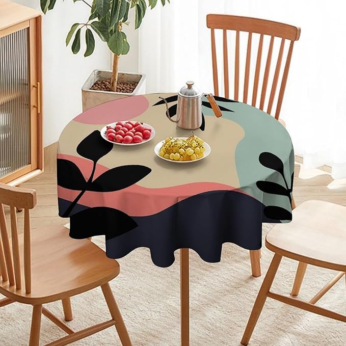 Medieval Bohemian Abstract Round Tablecloth, Mid Century Modern Leaves Geometric Tablecloth for Home Party Dining Room Kitchen Decor 70Inch(178cm)
