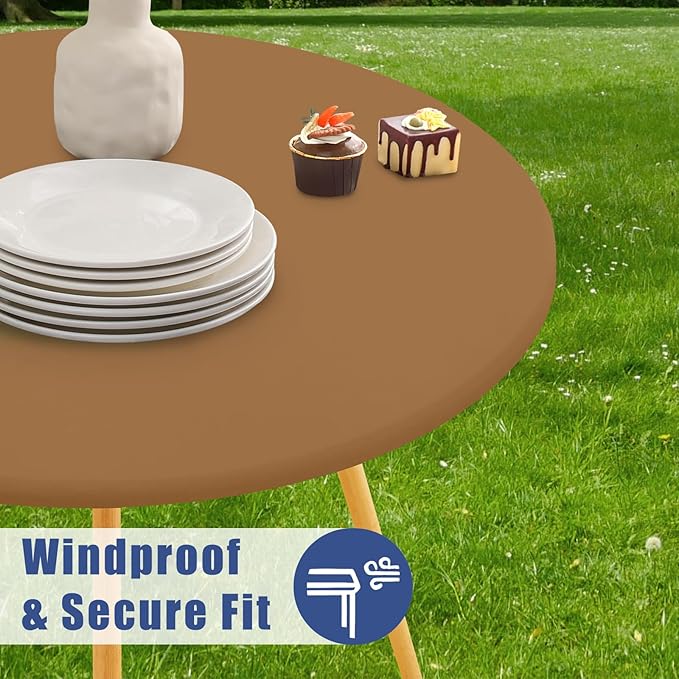 Round Spandex Tablecloth, Elastic Fitted Waterproof Tablecloths for 18"-24" Tables, Stretch Washable Picnic Table Cover for Camping, Dining, Indoor and Outdoor,Brown