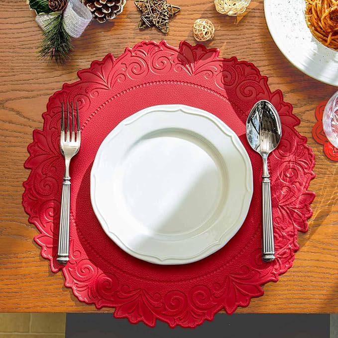 Noctiflorous Round Faux Leather 15 Inch Placemats Set of 6 Waterproof Wipeable Heat Resistant Tablemat for Dining Table Kitchen Non Slip Washable Oilproof Table Place Mat(Holly Red, 6)