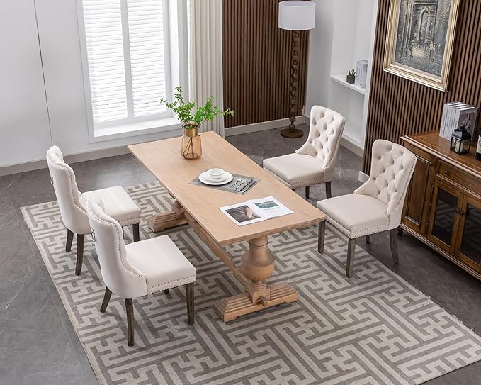 KCC Velvet Dining Chairs Set of 2, Upholstered High-end Tufted Dining Room Chair with Nailhead Back Ring Pull Trim Solid Wood Legs, Nikki Collection Modern Style for Kitchen, Beige