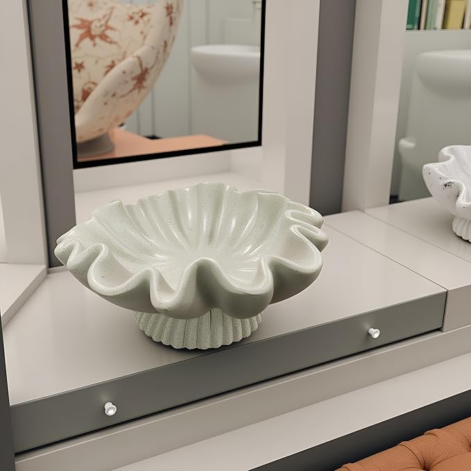 10" Large Handmade Decorative Bowl decor, Handicraft Scalloped Bowls for Modern Home Decor,Ruffle Decor,Key Bowl for Entry Table,Decorative Fruit Bowl for Kitchen Counter,Light Gray
