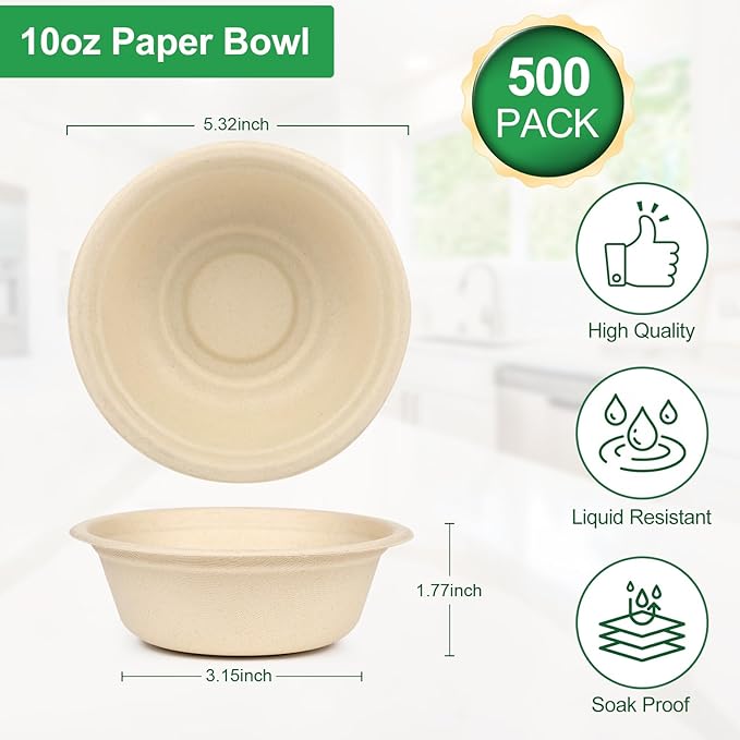 Small Paper Bowls 10 oz, 500 Pack Heavy Duty Paper Bowls Bulk, Eco-Friendly Compostable Small Bowl Disposable for Soup, Snacks, Fruit, Biodegradable Bagasse