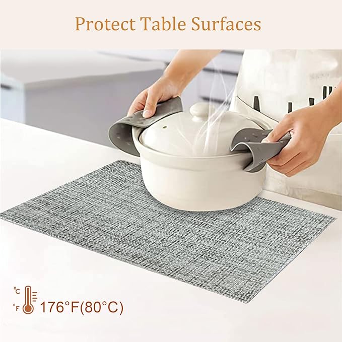 DACHUI Placemats Set of 6, Linen Look Woven Place Mats, Water Resistant, Heat Resistant, Washable, Durable Table Mats (Light Grey)