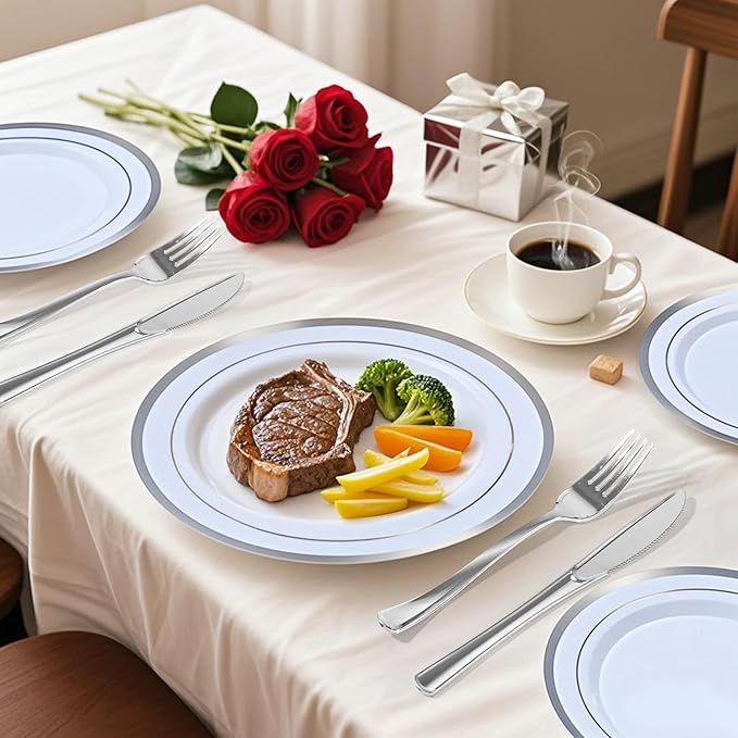 60 PCS Silver Plastic Plates, Silver Disposable Party Plates, Premium Christmas Plastic Plate Include 30 Dinner Platos 10'' and 30 Dessert Platos 7'' Perfect for Birthday, Christmas & Party