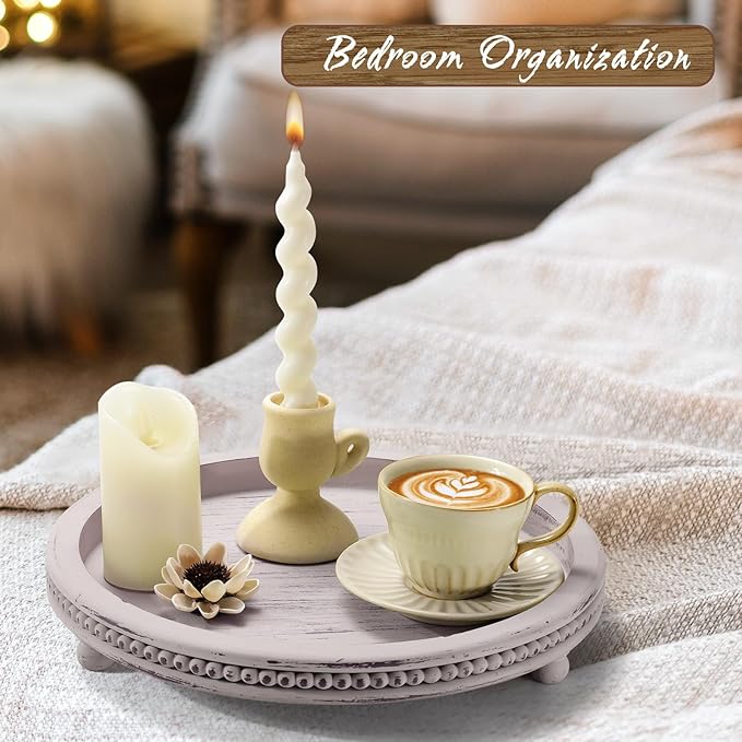 Handmade Wooden Decorative Tray, Small Beaded Coffee Table Tray Decor, Grey Round Decorative Tray for Coffee Table, Dining Room Table Entryway and Living Room Table