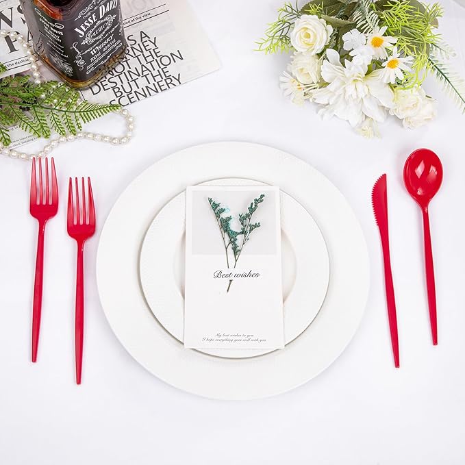 PULOTE 150PCS Red Plastic Silverware Set - Heavy Duty Plastic Cutlery - Red Utensils Disposable Include 50 Forks, 50 Spoons, 50 Knives for Party & Valentines Day