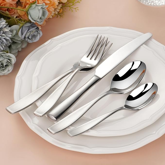 45-Piece 18/10 Stainless Steel Flatware Set for 8, Heavy Duty Silverware Set, Flatware Set with Serving Utensil, High End Flatware, Mirror and Matte Satin Silverware, Dishwasher Safe, Ideal for Gift
