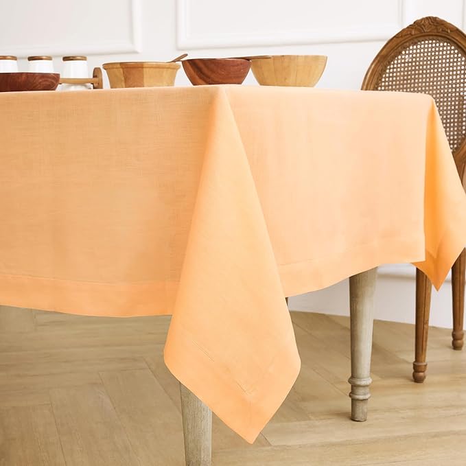Solino Home Linen Tablecloth for Rectangle Tables 60 x 108 Inch - 100% Pure Linen Peach Table Cloth - Fete, Machine Washable Cloth Tablecloth for Valentines, Spring, Easter