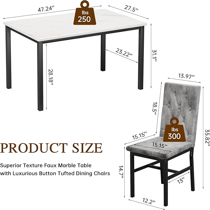 Hooseng Dining Table Set for 4, Faux Marble Small Kitchen Table Chairs Set of 4 with Luxurious Button Tufted Dinner Chairs for Kitchen and Dining