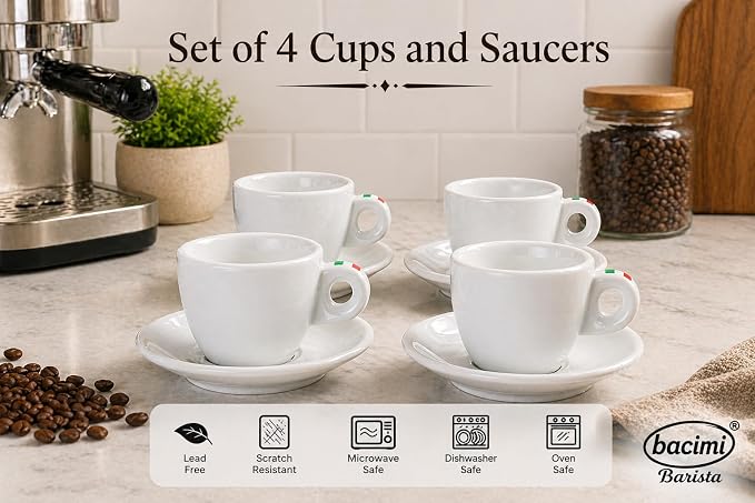 Bacimi® Espresso Cups & Saucers Set of 4 – 3 oz Thick Porcelain Coffee Cups - Image 2