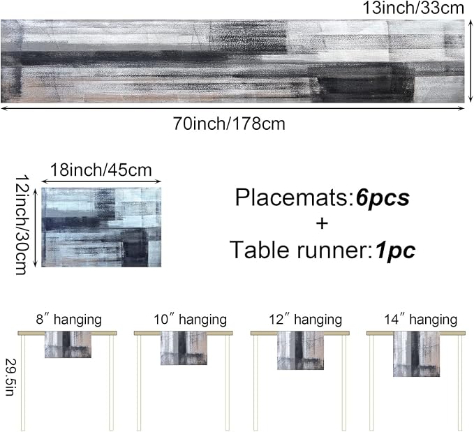 Black and Grey Modern Table Runner and Place Mats Set of 6 Abstract Black and - Image 3