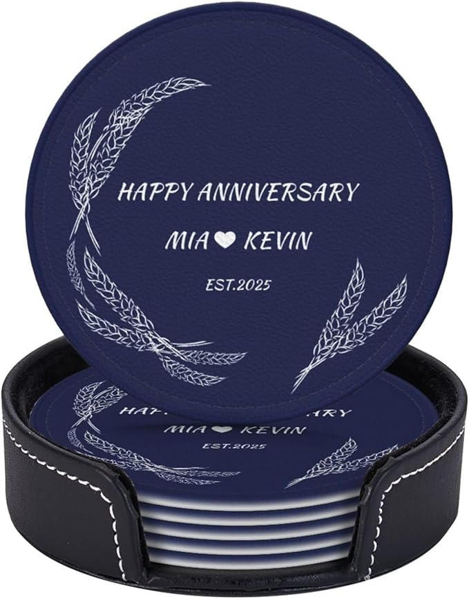 Customized Coasters Set of 6, Custom Brown PU Coasters with Name and Year 2025, Customize Coaster Set for Couples, Housewarming Gift for Couples New Home, Leather Coaster for Anniversary