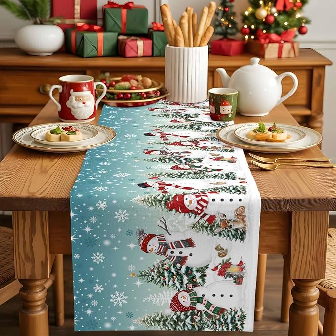 Teal Christmas Snowman Table Runner 120 Inches Long, Xmas Trees Snowflake Table - Image 5