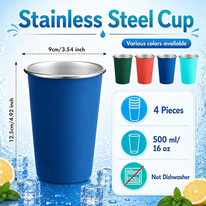 Mimorou 4 Pack 16 oz Stainless Steel Pint Cups Metal Cups Unbreakable Drinking - Image 2