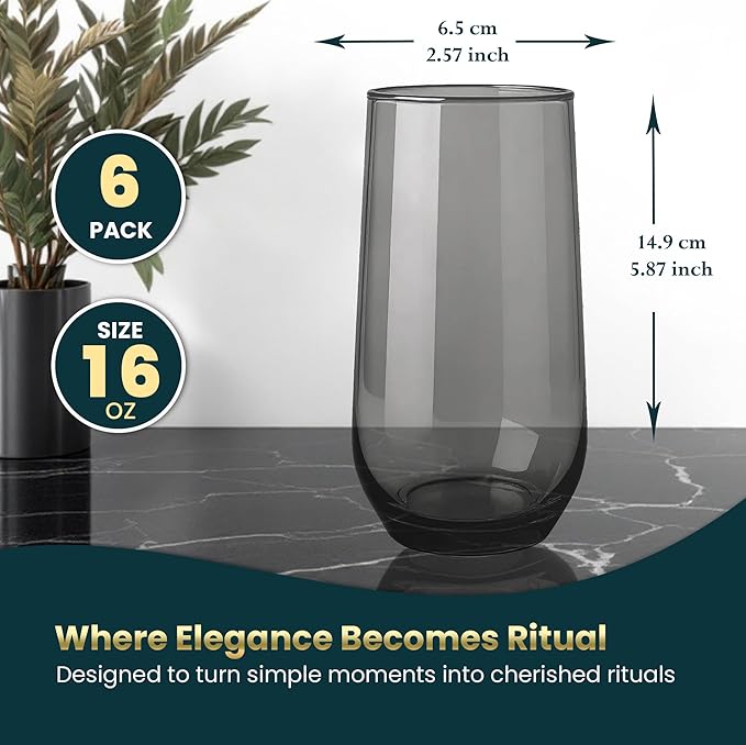 Gray Drinking Glasses Set of 6 | 16 oz Smoked Gray Glass Cups | Highball Drinkware for Cocktails, Long Drink, Water, Mojito, Juice, Soda