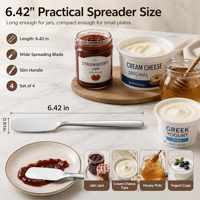 4 Pack Stainless Steel Butter Spreader Knives Jam Cream Spread Utensils | - Image 2