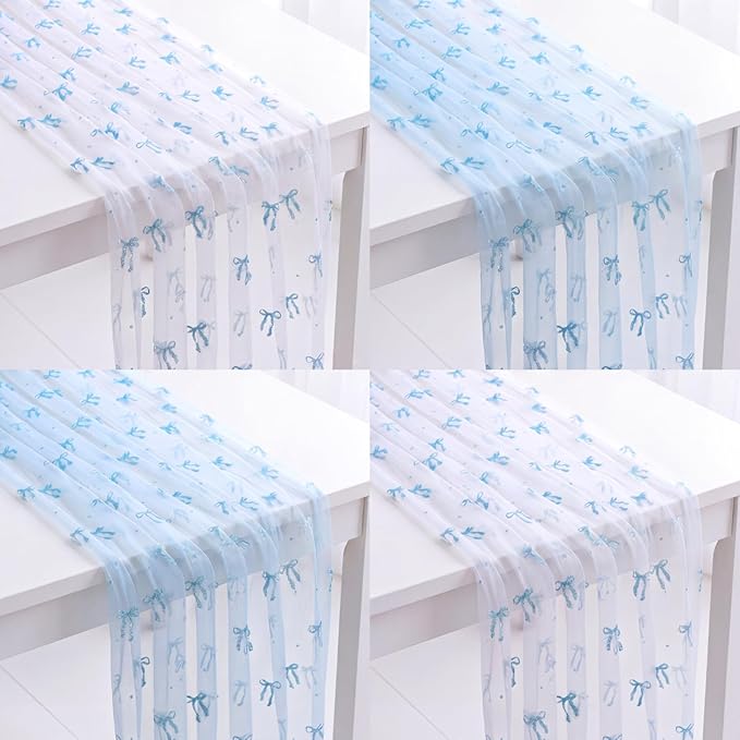 4 Pcs Blue Bow Table Runners 29 x 70 Inch Blue Tulle Lace Table Runner Coquette by Windkream