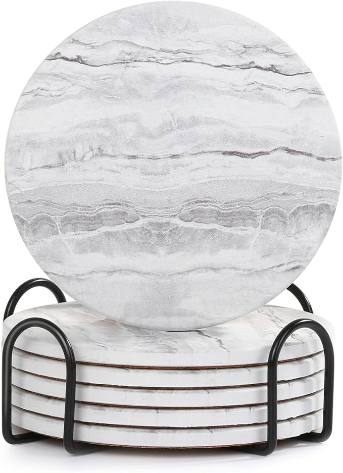 Acejoz Drink Coasters with Holder for Coffee Table, Absorbent Coaster Set of 6, Marble Style Ceramic Coaster for Wooden Table, Suitable for Kinds of Cups, Home Decor, 4 Inches
