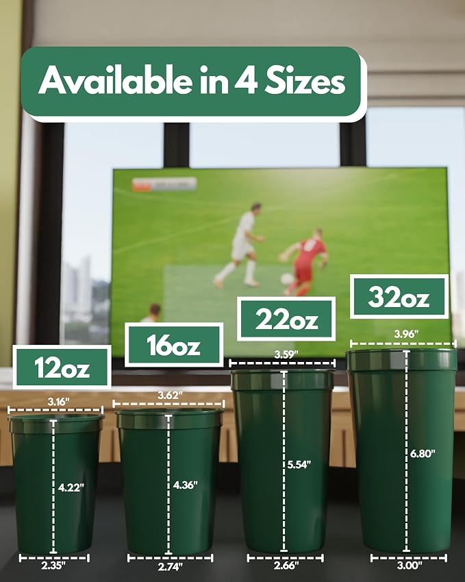 PartyPrints 100 Pack 16 oz Kelly Green Reusable Blank Plastic Cups, Stadium - Image 4