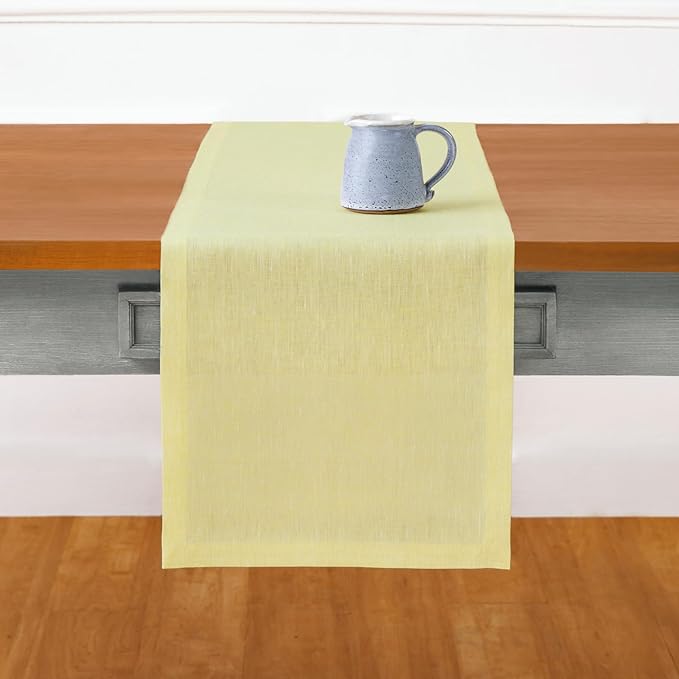 Solino Home Linen Chambray Yellow Table Runner 90 Inches Long - Athena, 100% Pure Linen 14 x 90 Inch Table Runner for Spring, Easter