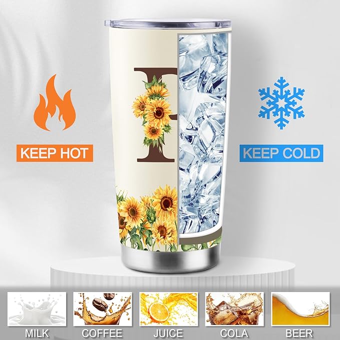 Sunflower Gifts for Women - Personalized Christmas Gifts for Women - Birthday Gift for Woman - Mothers Day Gift for Mom - Monogrammed, Initial 20oz Travel Cup Insulated Tumbler with Lid, P