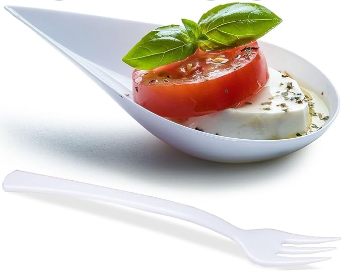 DLux 100 4-in Tear Drop Mini Appetizer Plates with Forks, Reusable White Plastic Spoons - Desserts and Appetizers Dishes Serving Plate - Asian Spoon Set, Small Catering Dessert Tasting Cups