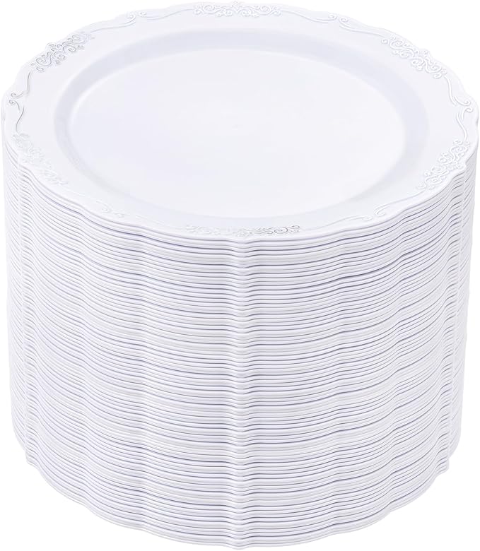 DaYammi 60PCS White and Silver Plastic Plates, Heavy Duty White and Silver Disposable Plates Premium 7.5inch White Dessert Cake Salad Appetizer Platos Hard Plastic Platos Disposable for Party Wedding