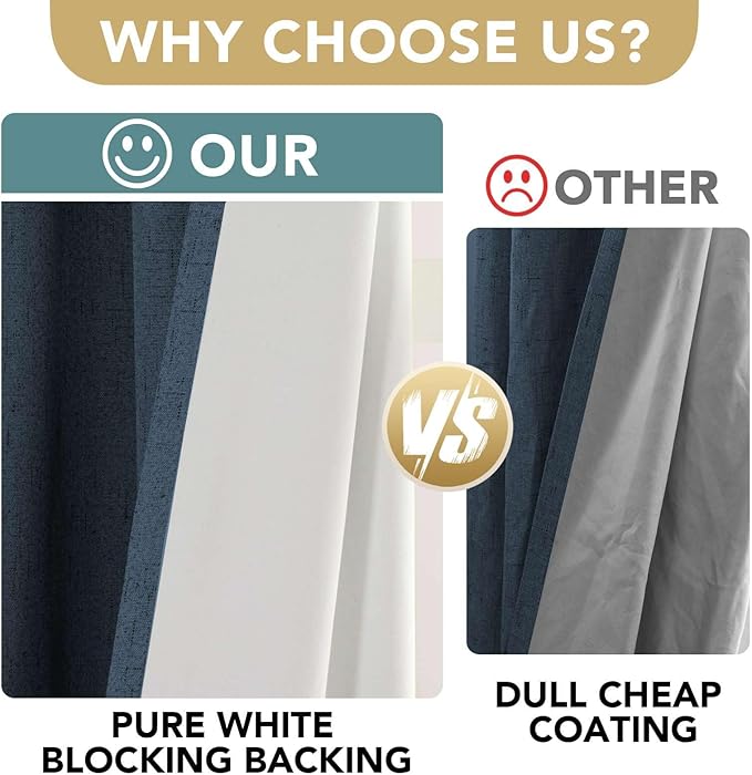 H.VERSAILTEX Primitive Linen Blackout Curtains with Burlap Fabric and White Thermal Insulated Liner, Grommet Top Curtains for Living Room/Bedroom (2 Panels, 42 x 84 Inch, Navy)