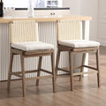 Counter Height Bar Stools Set of 2, 27” Linen Fabric Upholstered Counter Stools with Back, Modern Woven Barstools Mid Century Farmhouse Wooden Bar Chairs for Kitchen Island Dining Room, Beige