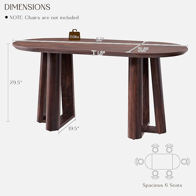 OKD 63" Dining Table for 6-8, Oval Dining Room Table with Triangular Structure Pedestal Stable Base, Curved Table Edge, Circle Kitchen Tables for Dining Room, Kitchen, Dark Walnut