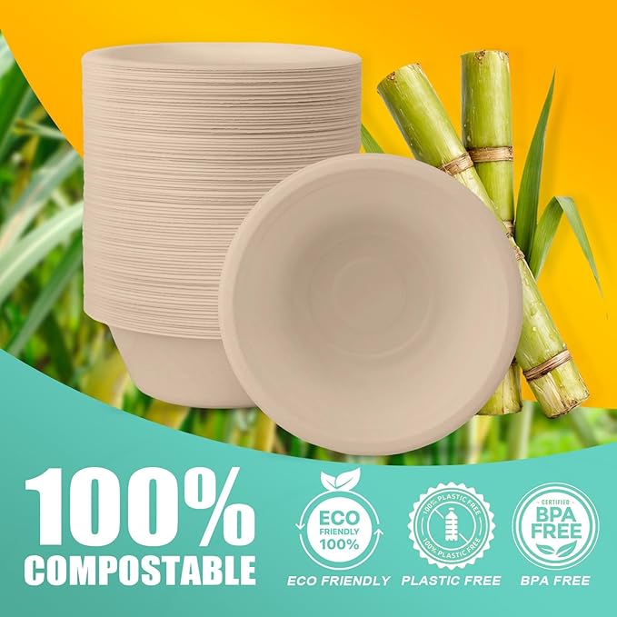 200 Count 12 oz Paper Bowls, Disposable Compostable Bowls Bulk, Heavy Duty Biodegradable Bagasse Bowl for Snacks, Soup, and Salads, Natural