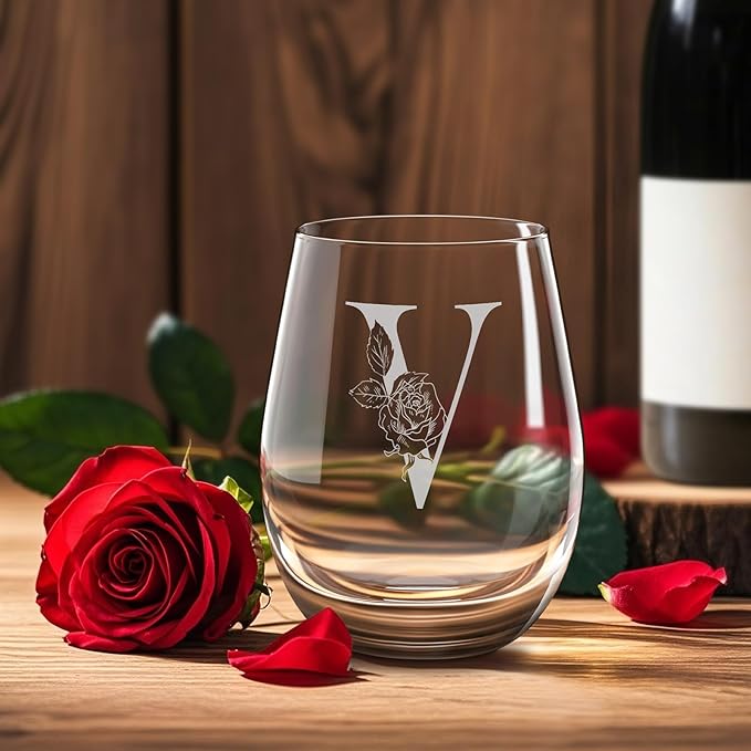 Valentines Day Gifts for Her, Gifts for Women Her Friend Mom Grandma Wife Sister Bridesmaid Nurse, Birthday Galentines Mothers Day Christmas, Personalized Initial Customized Wine Glasses 18OZ(V)
