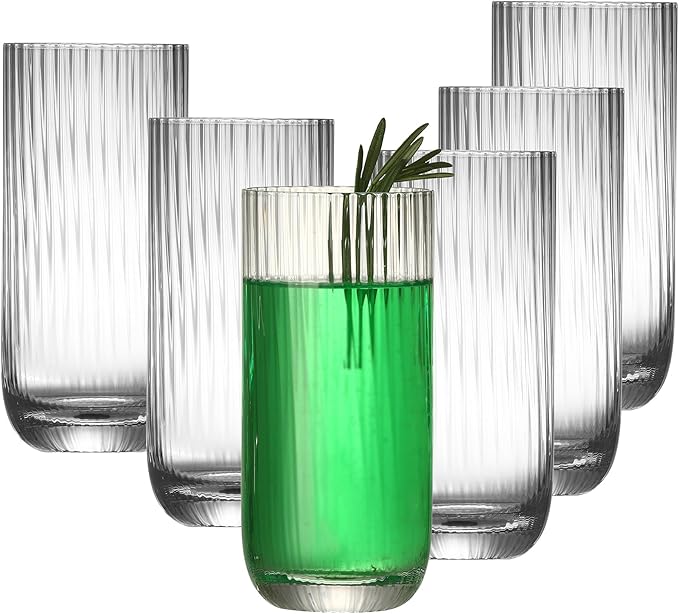 Collins Glasses Set of 6,Highball Glass Set, 15.3 oz, Clear Ribbed Design for Water, Cocktails, Mojito
