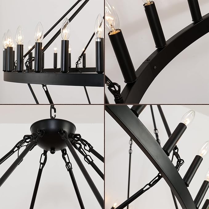 70 Inch Extra Large Wagon Wheel Chandelier 2 Tier 64-Lights Black Farmhouse Pendant Light Fixture, Round Rustic Hanging Lighting for Outdoor Porch high Ceilings Living Dining Room Foyer Entryway