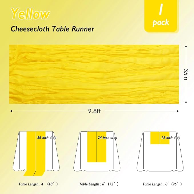 1 Pack Yellow Cheesecloth Table Runner 120 Inch Boho Wedding Decor | - Image 2