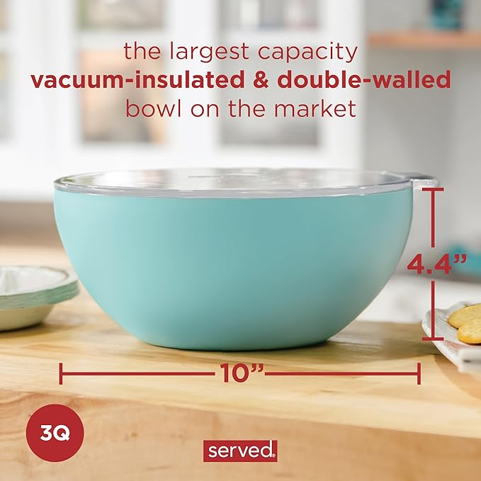 served Large Insulated Serving Bowl with Lid (100oz/3QT) - Double-Walled Stainless Steel Bowl for Hot & Cold Food - Vacuum Insulated, Spill-Resistant Thermal Bowl for Parties, Casseroles, Tailgates