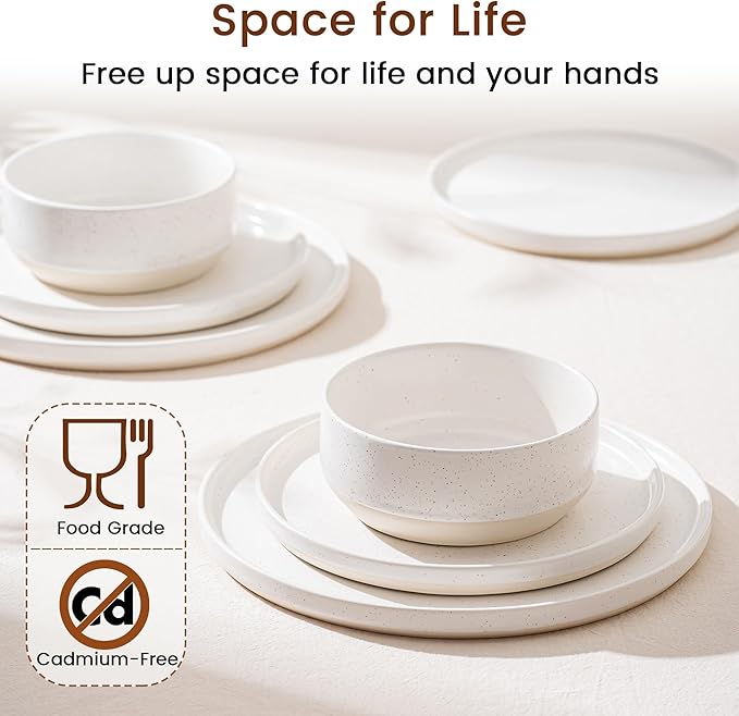 12 Pieces Plates and Bowls Sets,White Dish Set for 4,Premium Serving Dinnerware Sets, Chip and Scratch Resistant Dishware Sets Kitchen Dishes Dining Ware Set(Light Beige)