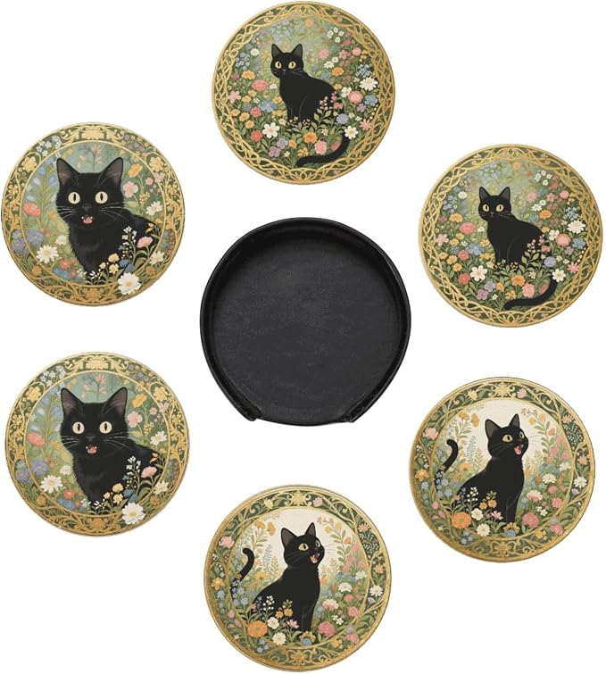 6 Pcs Black Cat Flower Drink Coasters by Cayiibe