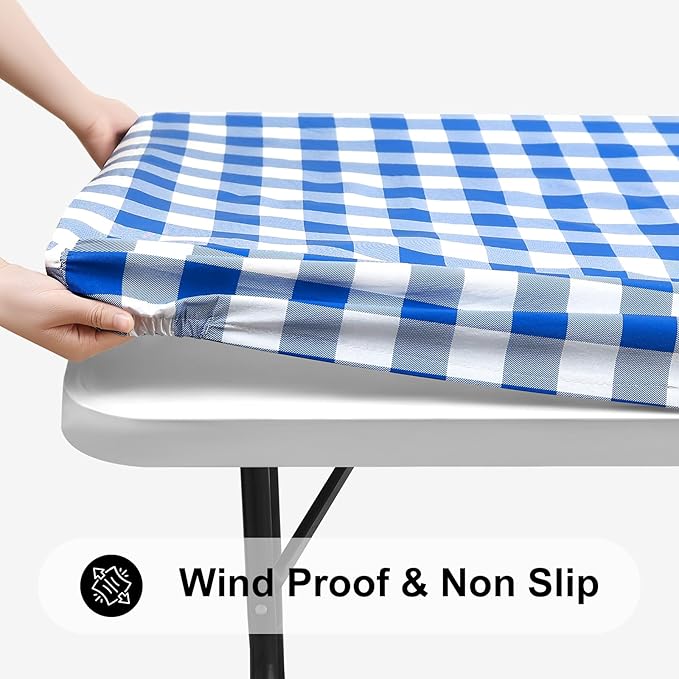 Smiry Rectangle Picnic Table Cloth, Elastic Waterproof Fitted Vinyl Tablecloths, Flannel Backed Buffalo Plaid Table Covers for Dining, Camping, Outdoor (White and Blue, 36" x 72")