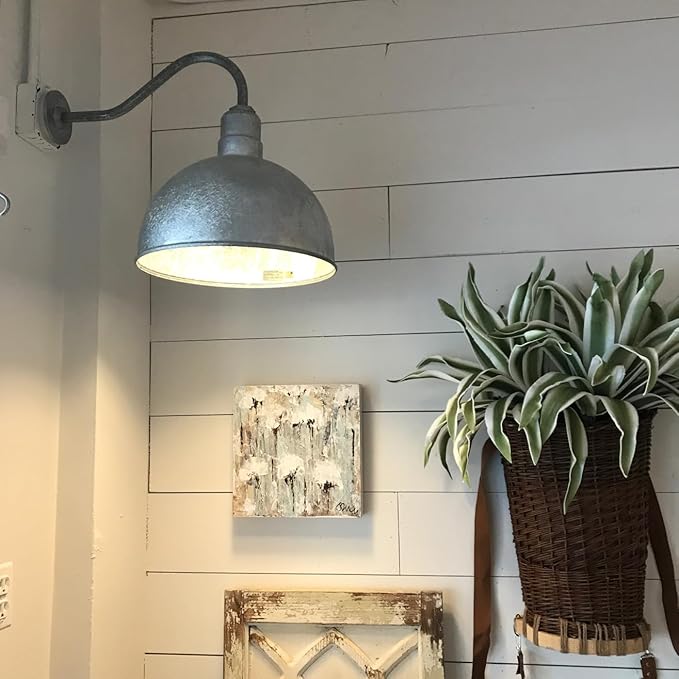 Steel Lighting Co. Hollywood Bowl Light | Outdoor Wall Mounted | 15 inch Bowl Dome | 16 inch Gooseneck | Barn Light Made in America | Galvanized Exterior/Galvanized Interior