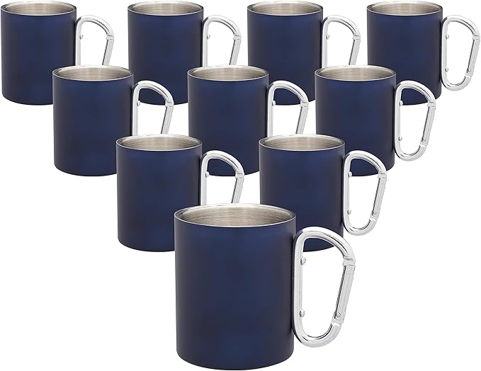 DISCOUNT PROMOS Stainless Steel Mugs with Carabiner Handle 10 oz. Set of 10, Bulk Pack - Perfect for Coffee, Soda, Other Hot & Cold Beverages - Navy Blue