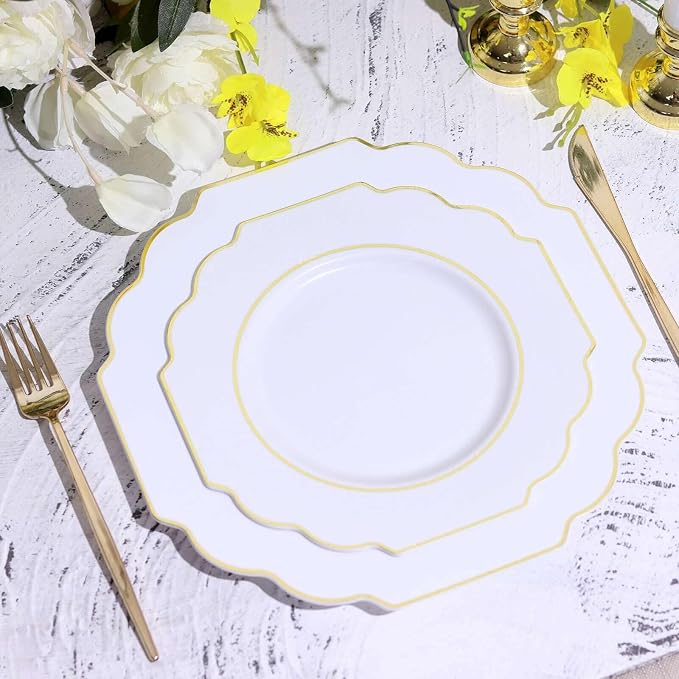 White Hard Plastic Dessert Plates, 50 Pack 8" Disposable Round Baroque Plates by TCFLinen